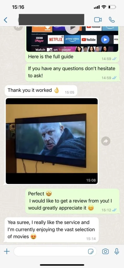 Real WhatsApp customer support interaction for BIGO IPTV