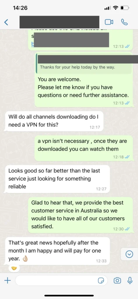 Customer satisfaction proof on WhatsApp for BIGO IPTV